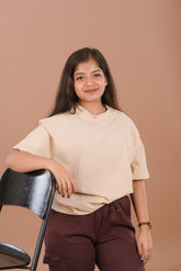 Beige Jacquard Self-Textured Premium Women’s T-Shirt – Wrinkle Resistant Comfortable Fit