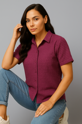 Dusky Berry Textured Button up casual shirt - For Women