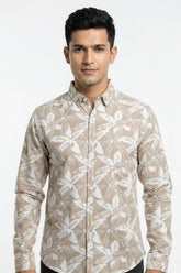 Men Beige Leaf Print Premium Cotton Shirt