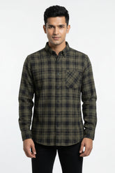 Men Olive Green Checked Premium Cotton Shirt