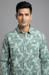 Men Green Leaf Print Premium Cotton Shirt