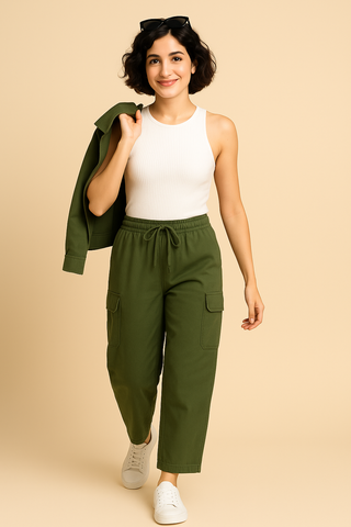 Olive Green Corduroy Cargo Pants - For Women