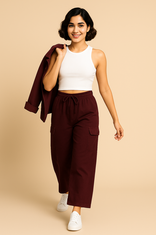 Wine Maroon Corduroy Cargo Pants - For Women