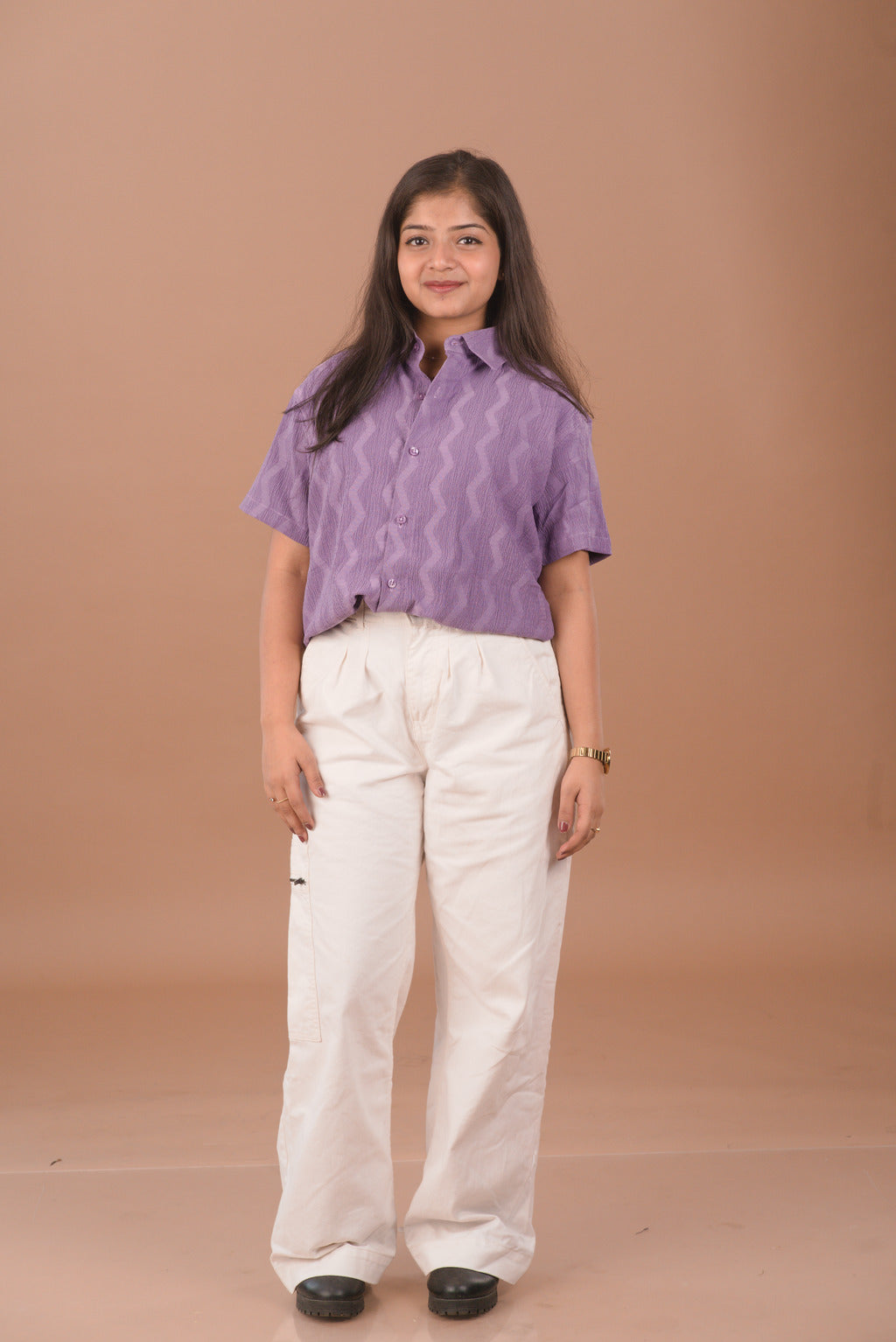 Soft Lavender Mist Self-Textured Premium Women’s Shirt – Wrinkle Resistant, Stretchable & Breathable