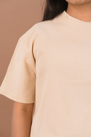 Beige Jacquard Self-Textured Premium Women’s T-Shirt – Wrinkle Resistant Comfortable Fit