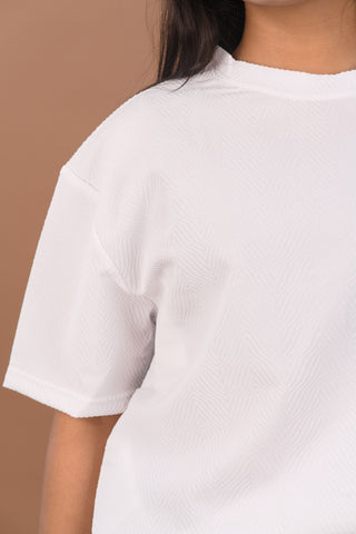 White Jacquard Self-Textured Premium Women’s T-Shirt – Wrinkle Resistant Comfortable Fit