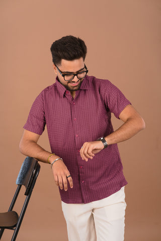 Plum Berry Men’s Self-Textured Smart-Casual Shirt – Dare & Rise