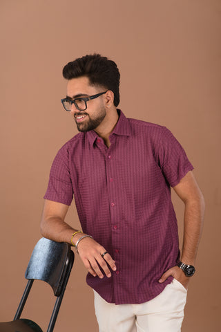 Plum Berry Men’s Self-Textured Smart-Casual Shirt – Dare & Rise