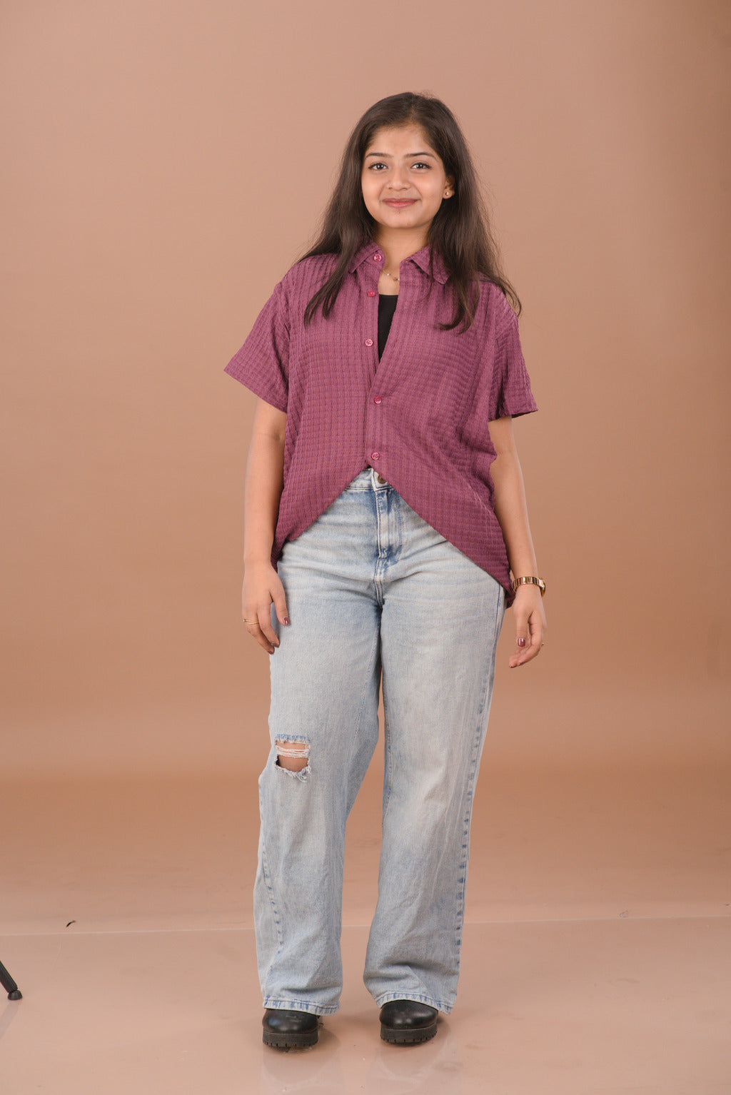 Wine Mauve Self-Textured Premium Women’s Shirt – Wrinkle Resistant, Stretchable & Breathable Imported Fabric