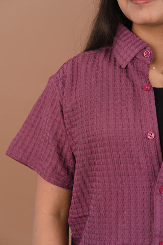 Wine Mauve Self-Textured Premium Women’s Shirt – Wrinkle Resistant, Stretchable & Breathable Imported Fabric