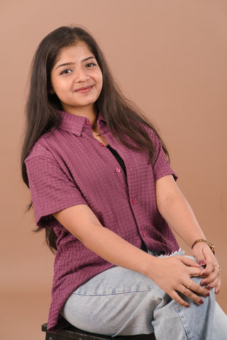 Wine Mauve Self-Textured Premium Women’s Shirt – Wrinkle Resistant, Stretchable & Breathable Imported Fabric