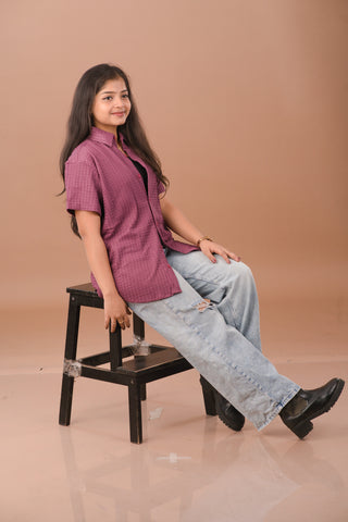 Wine Mauve Self-Textured Premium Women’s Shirt – Wrinkle Resistant, Stretchable & Breathable Imported Fabric
