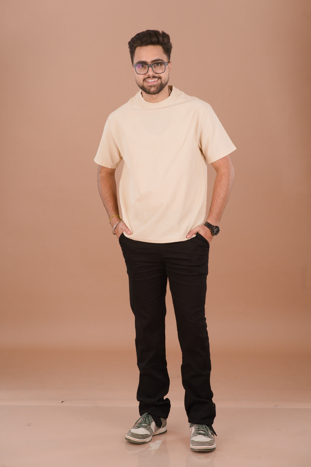 Sand Beige Men’s Jacquard Self-Textured T-Shirt – Dare & Rise