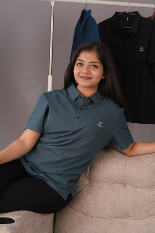 Slate Teal blue Women’s Seamless Stitchless Tech Polo – Dare & Rise