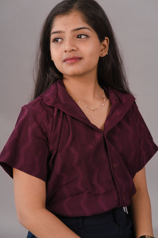 Deep Burgundy Wine Self-Textured Premium Women’s Shirt – Wrinkle Resistant, Stretchable & Breathable