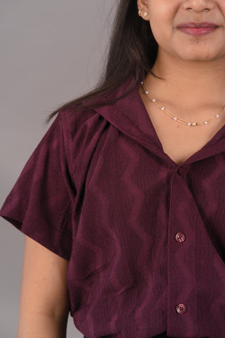 Deep Burgundy Wine Self-Textured Premium Women’s Shirt – Wrinkle Resistant, Stretchable & Breathable