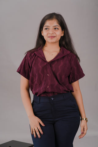 Deep Burgundy Wine Self-Textured Premium Women’s Shirt – Wrinkle Resistant, Stretchable & Breathable