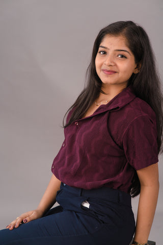 Deep Burgundy Wine Self-Textured Premium Women’s Shirt – Wrinkle Resistant, Stretchable & Breathable