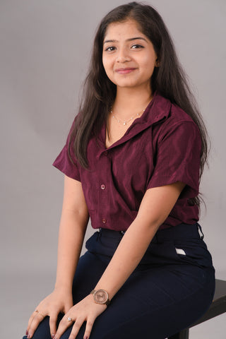 Deep Burgundy Wine Self-Textured Premium Women’s Shirt – Wrinkle Resistant, Stretchable & Breathable