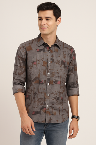 Smoky Grey Printed Melange Shirt - For Men - Wrinkle resistant
