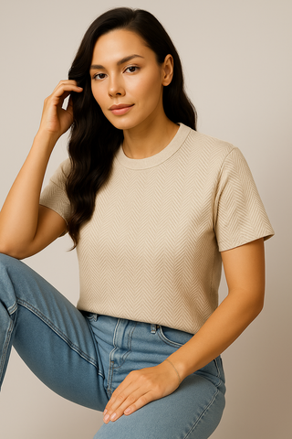 Beige Jacquard T-shirt Soft & Stylish - For Women