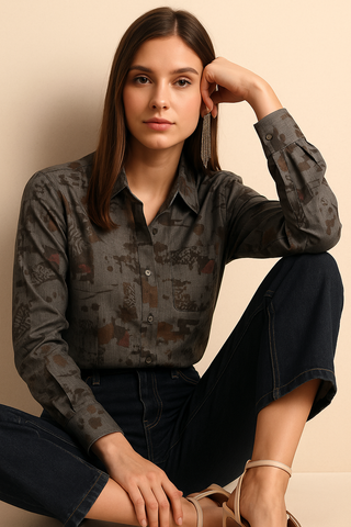 Smoky Grey Printed Melange Shirt - For Women - Wrinkle resistant