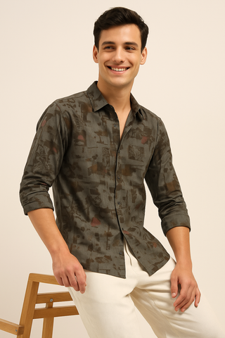 Smoky Grey Printed Melange Shirt - For Men - Wrinkle resistant