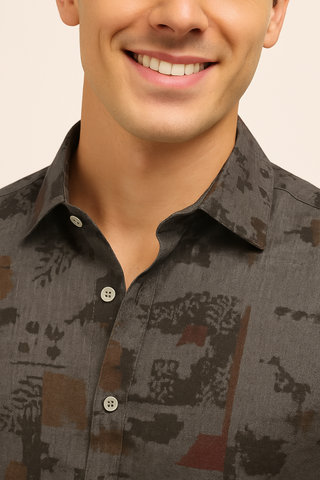 Smoky Grey Printed Melange Shirt - For Men - Wrinkle resistant