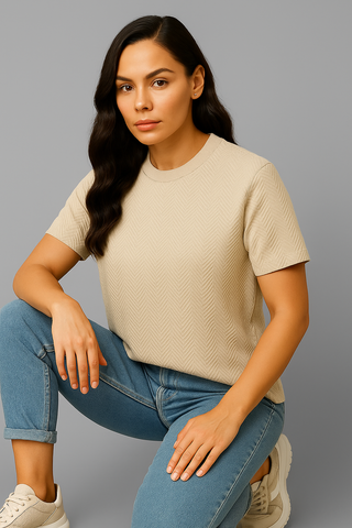 Beige Jacquard T-shirt Soft & Stylish - For Women