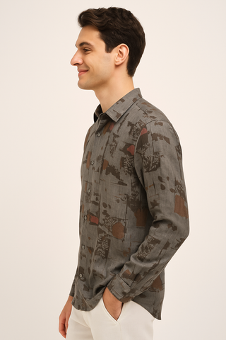 Smoky Grey Printed Melange Shirt - For Men - Wrinkle resistant