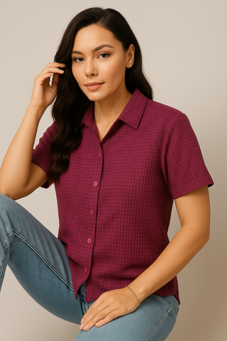 Dusky Berry Textured Button up casual shirt - For Women