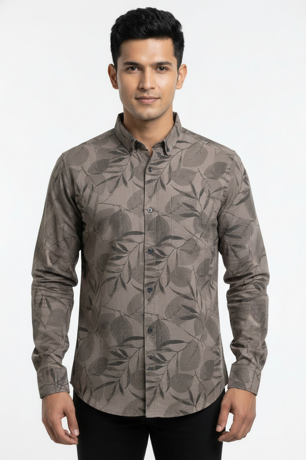 Men Grey Leaf Print Premium Cotton Shirt