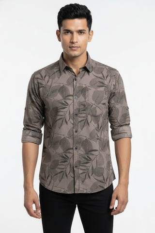 Men Grey Leaf Print Premium Cotton Shirt