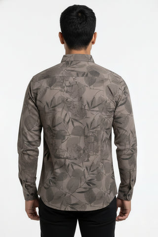 Men Grey Leaf Print Premium Cotton Shirt