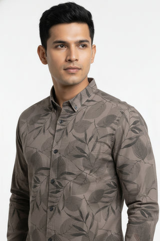 Men Grey Leaf Print Premium Cotton Shirt