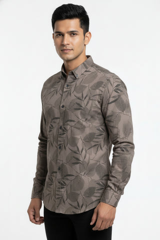 Men Grey Leaf Print Premium Cotton Shirt