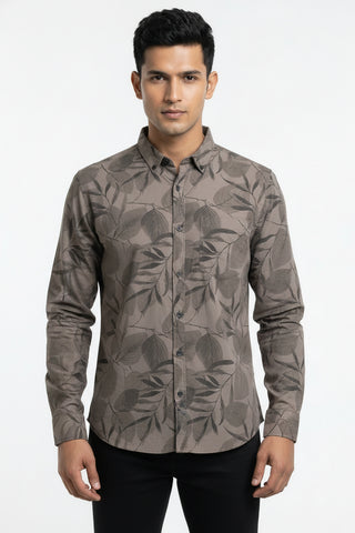 Men Grey Leaf Print Premium Cotton Shirt