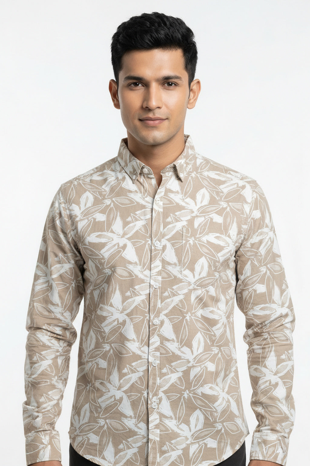 Men Beige Leaf Print Premium Cotton Shirt