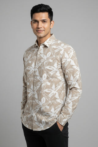 Men Beige Leaf Print Premium Cotton Shirt