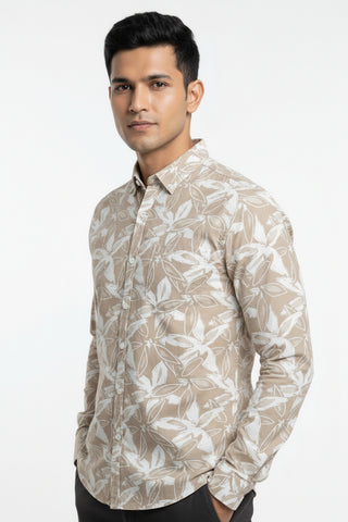 Men Beige Leaf Print Premium Cotton Shirt