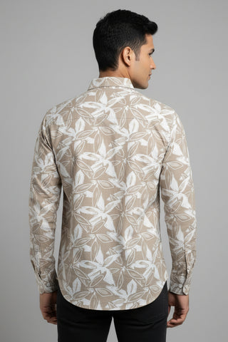 Men Beige Leaf Print Premium Cotton Shirt