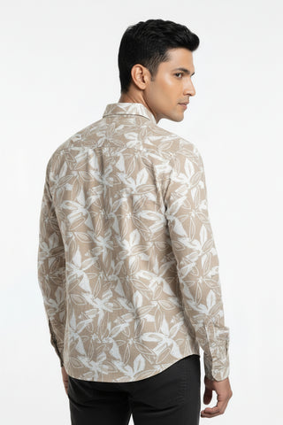Men Beige Leaf Print Premium Cotton Shirt