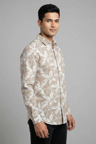 Men Beige Leaf Print Premium Cotton Shirt