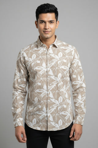 Men Beige Leaf Print Premium Cotton Shirt