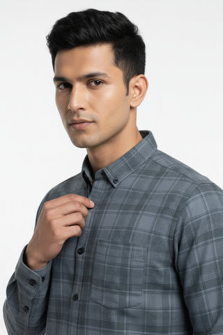 Slate Grey Checked Premium Cotton Shirt for Men