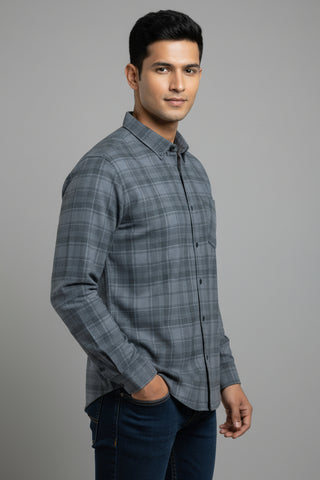 Slate Grey Checked Premium Cotton Shirt for Men