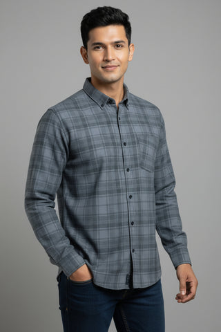 Slate Grey Checked Premium Cotton Shirt for Men
