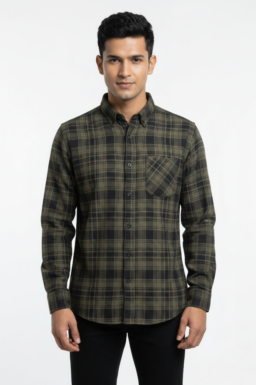 Men Olive Green Checked Premium Cotton Shirt