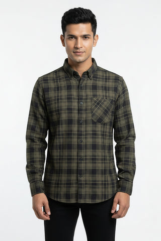 Men Olive Green Checked Premium Cotton Shirt