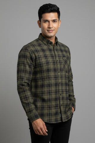 Men Olive Green Checked Premium Cotton Shirt